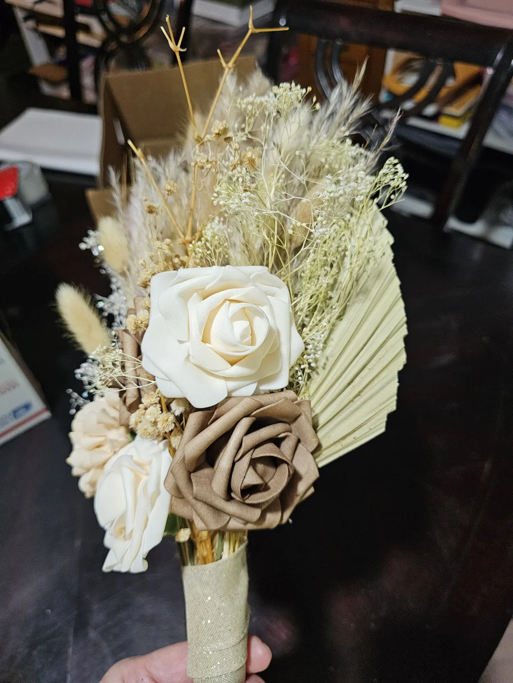 Boho Neutral Faux Floral Bridesmaid Bouquet 4 in Cream and Tan
